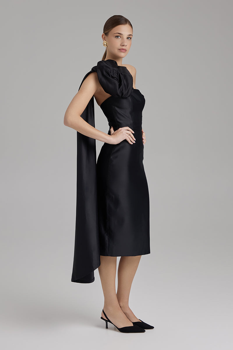 KIRA DRESS + ROSE CAPE BOW | strapless pencil midi in black