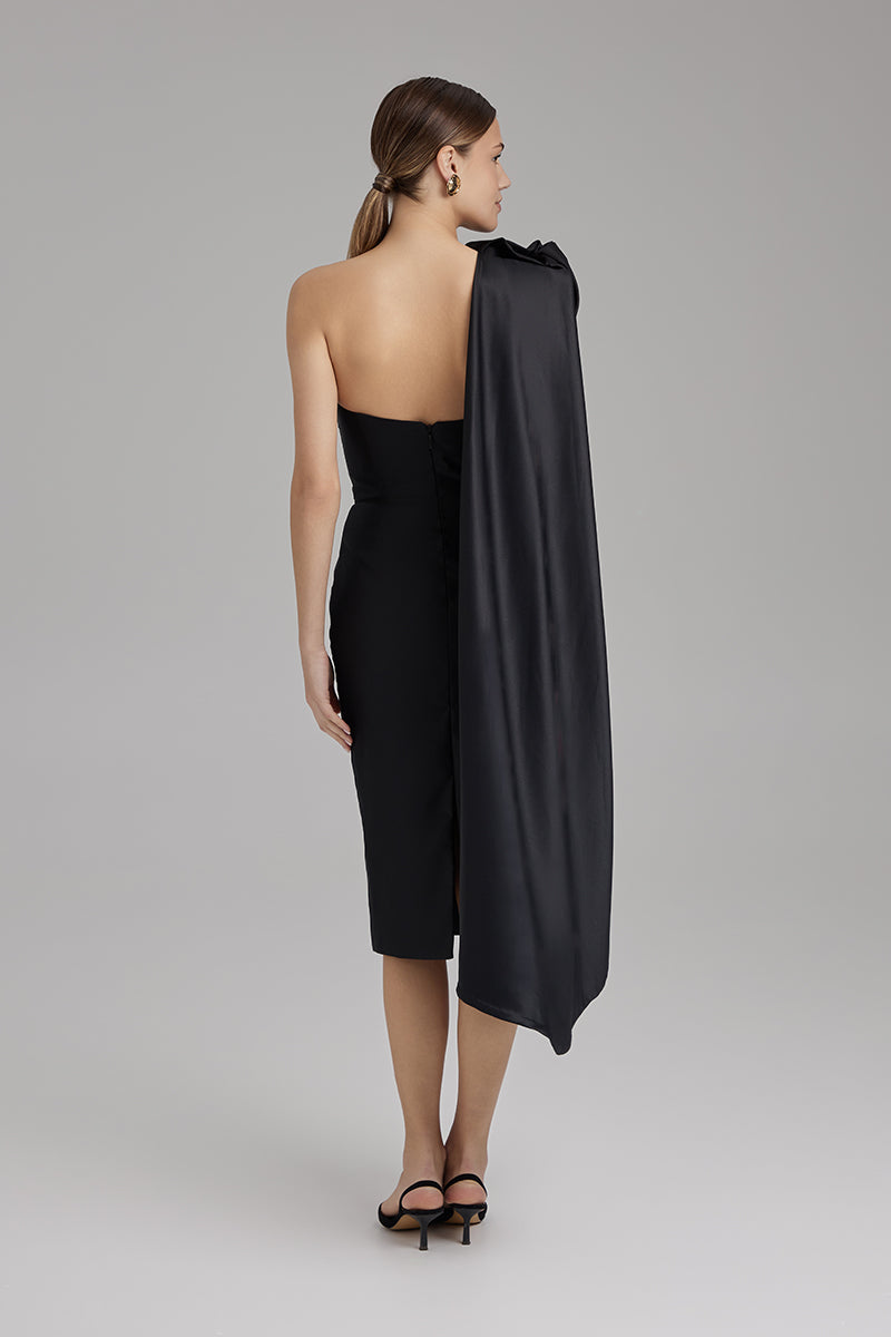 KIRA DRESS + ROSE CAPE BOW | strapless pencil midi in black