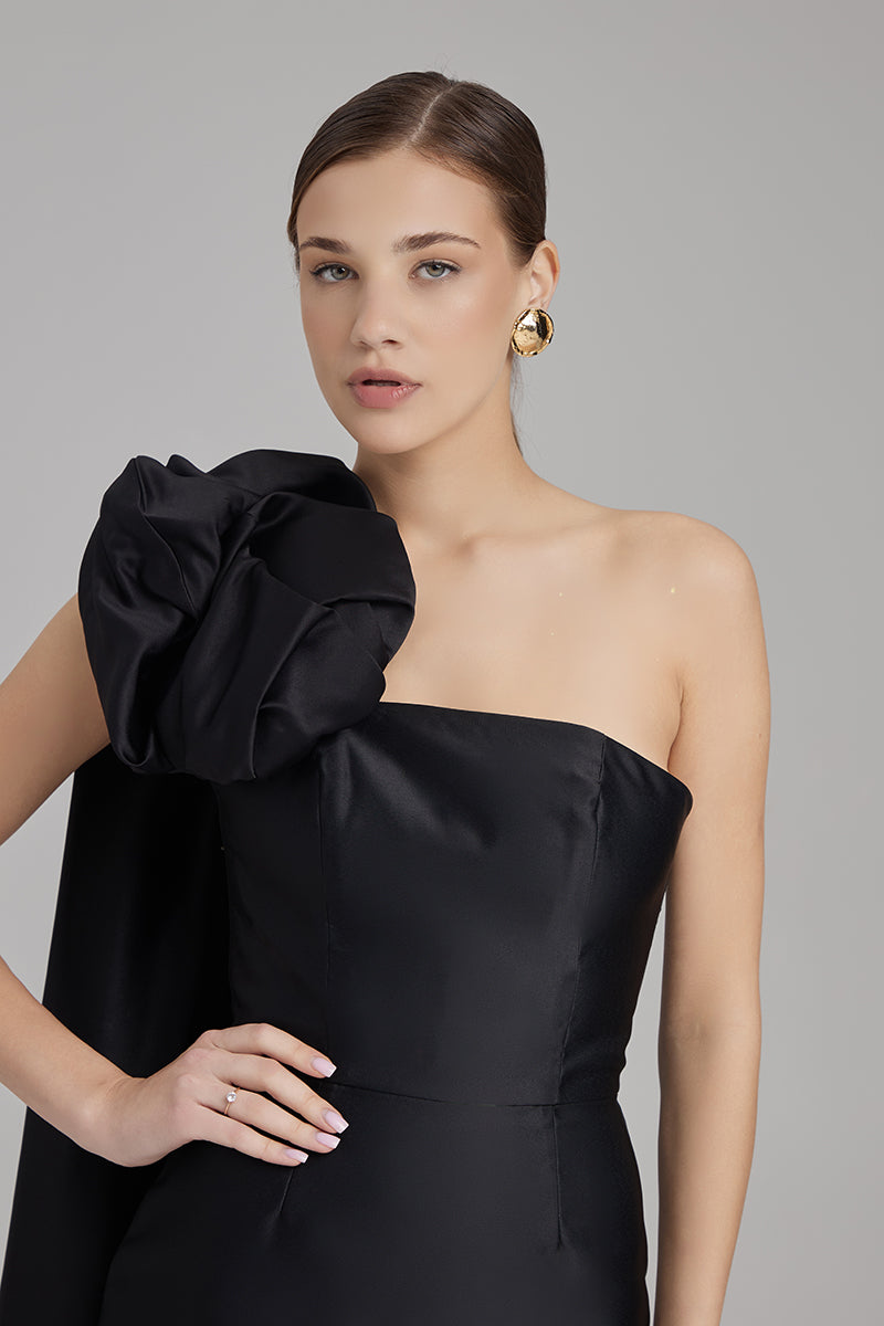 KIRA DRESS + ROSE CAPE BOW | strapless pencil midi in black