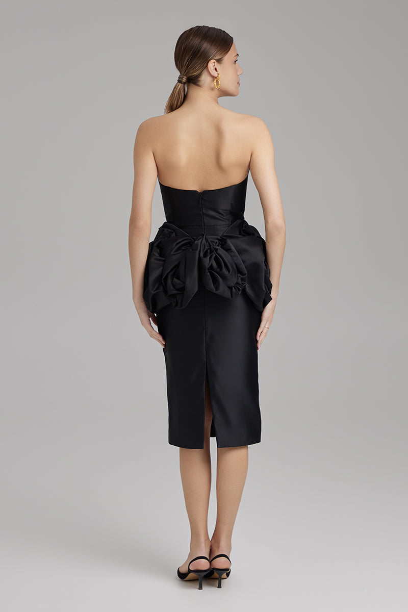 KIRA DRESS + ROSE WAIST SASH | strapless pencil midi in black