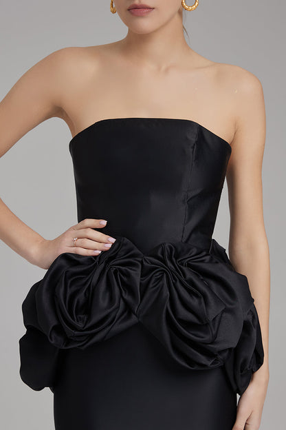 KIRA DRESS + ROSE WAIST SASH | strapless pencil midi in black