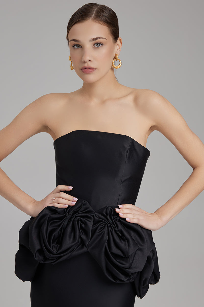 KIRA DRESS + ROSE WAIST SASH | strapless pencil midi in black