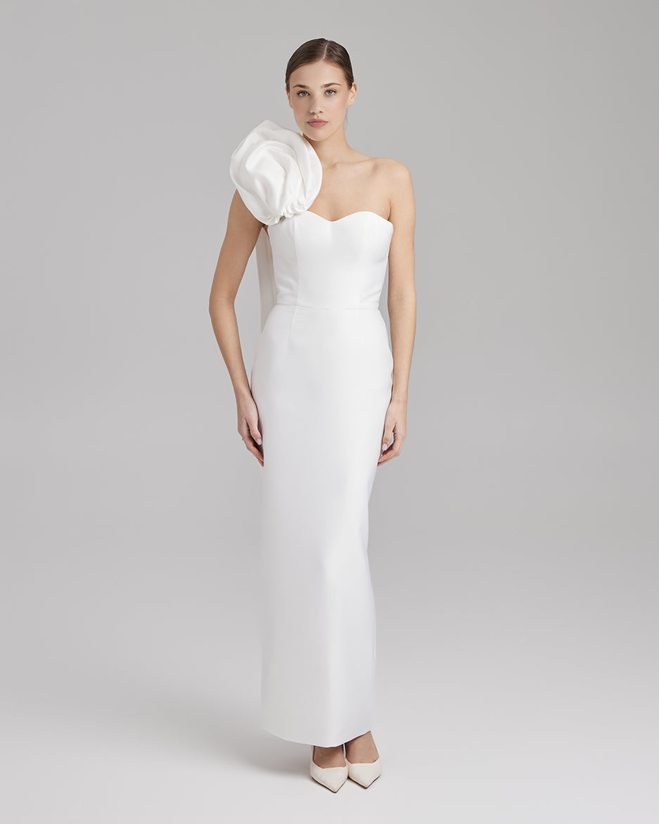 CALLA DRESS + ROSE CAPE BOW | strapless cone maxi in white