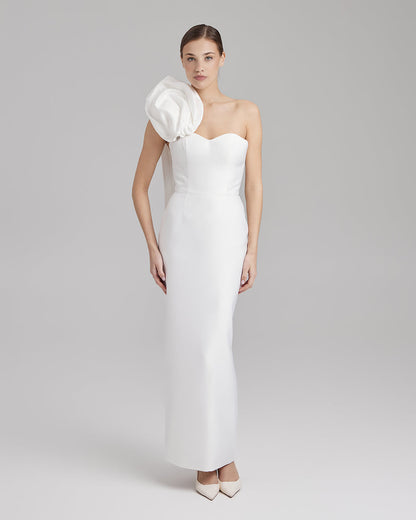 CALLA DRESS + ROSE CAPE BOW | strapless cone maxi in white