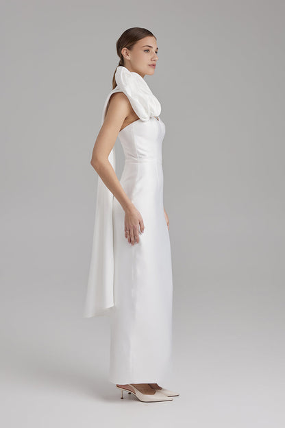 CALLA DRESS + ROSE CAPE BOW | strapless cone maxi in white