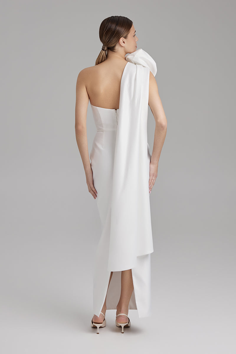 CALLA DRESS + ROSE CAPE BOW | strapless cone maxi in white