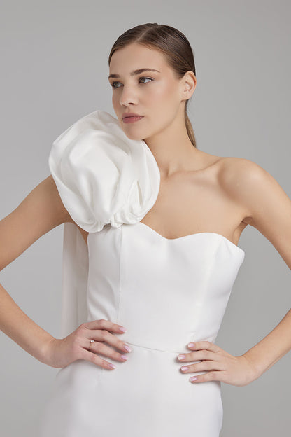 CALLA DRESS + ROSE CAPE BOW | strapless cone maxi in white