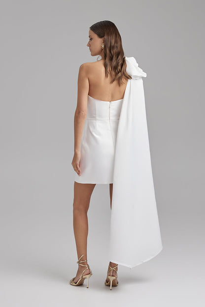 JUNO DRESS + ROSE CAPE BOW | strapless mini in white