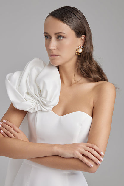 JUNO DRESS + ROSE CAPE BOW | strapless mini in white