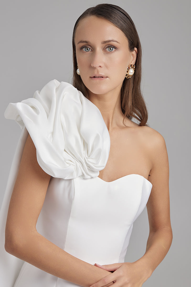 JUNO DRESS + ROSE CAPE BOW | strapless mini in white