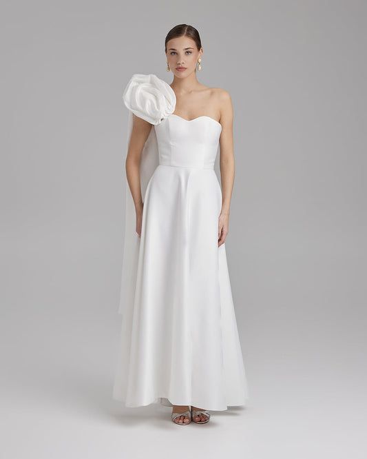 SALVIA DRESS + ROSE CAPE BOW | Strapless A line maxi dress in white