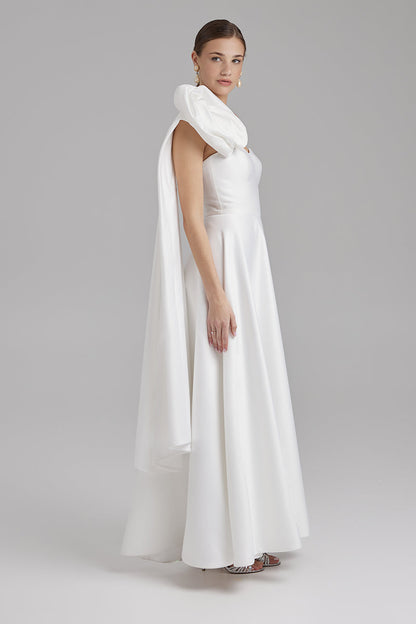 SALVIA DRESS + ROSE CAPE BOW | Strapless A line maxi dress in white