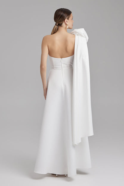 SALVIA DRESS + ROSE CAPE BOW | Strapless A line maxi dress in white