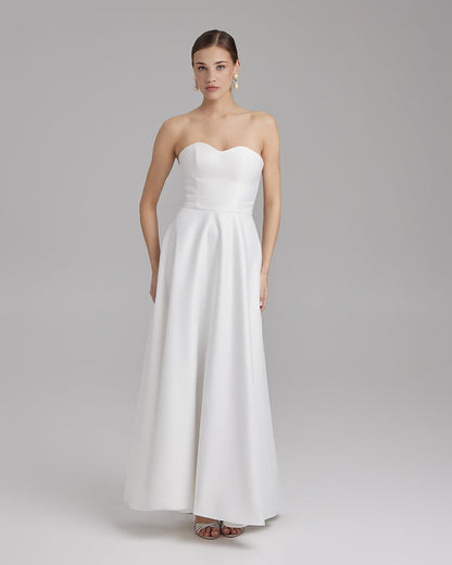 SALVIA DRESS | Strapless A line maxi dress in white