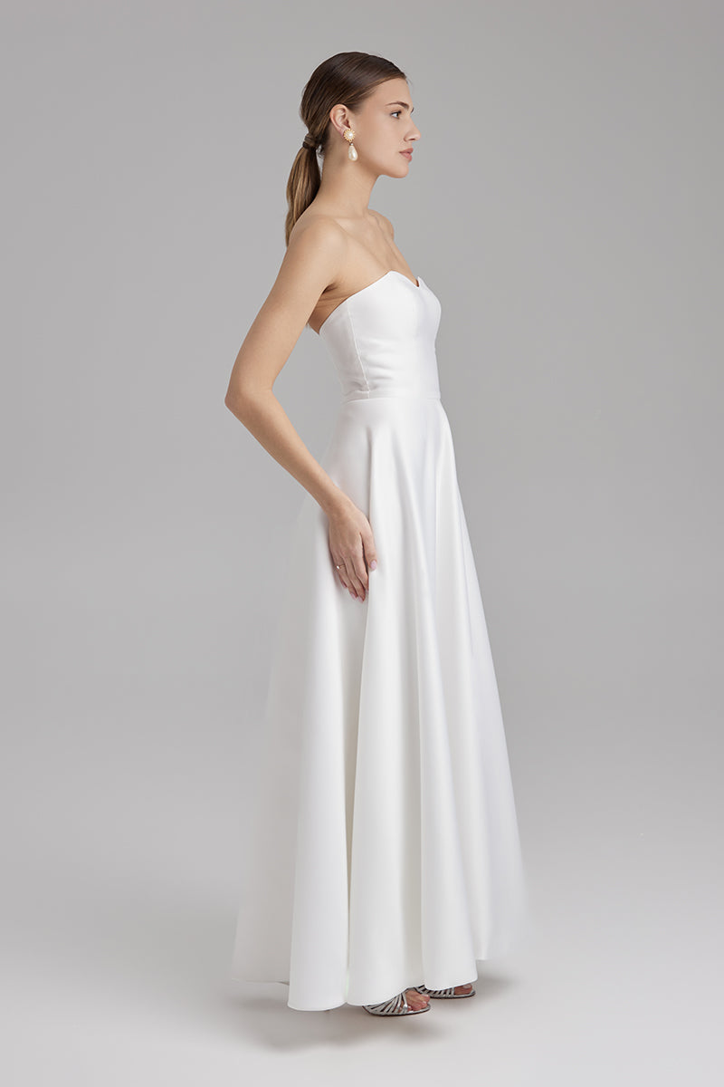 SALVIA DRESS | Strapless A line maxi dress in white