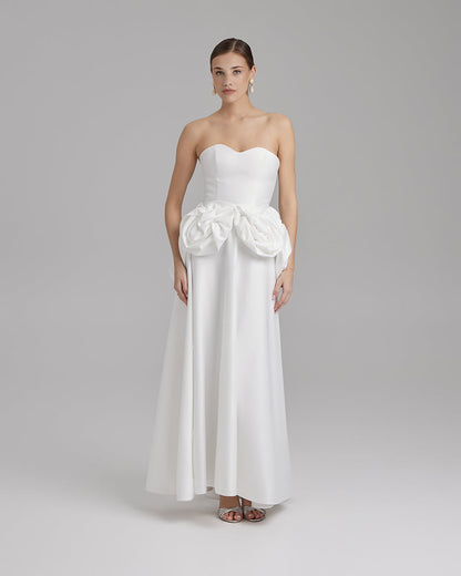 SALVIA DRESS + ROSE WAIST SASH | Strapless A line maxi dress in white