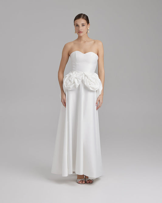 SALVIA DRESS + ROSE WAIST SASH | Strapless A line maxi dress in white