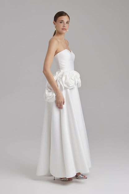 SALVIA DRESS + ROSE WAIST SASH | Strapless A line maxi dress in white