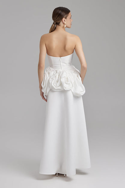 SALVIA DRESS + ROSE WAIST SASH | Strapless A line maxi dress in white