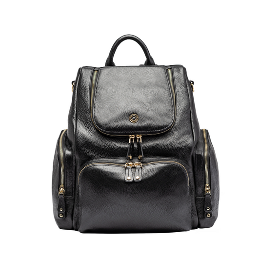 Amber-midi black leather backpack for  travel, parenting baby changing and work