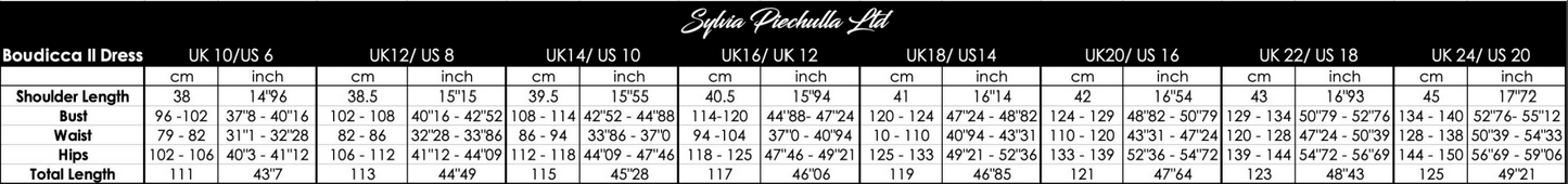 Boudicca Summer Dress - Size Guide