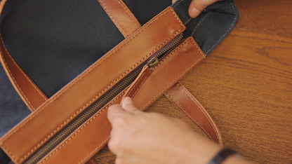 Leather Tote In Waxed Cotton Made in USA Blue