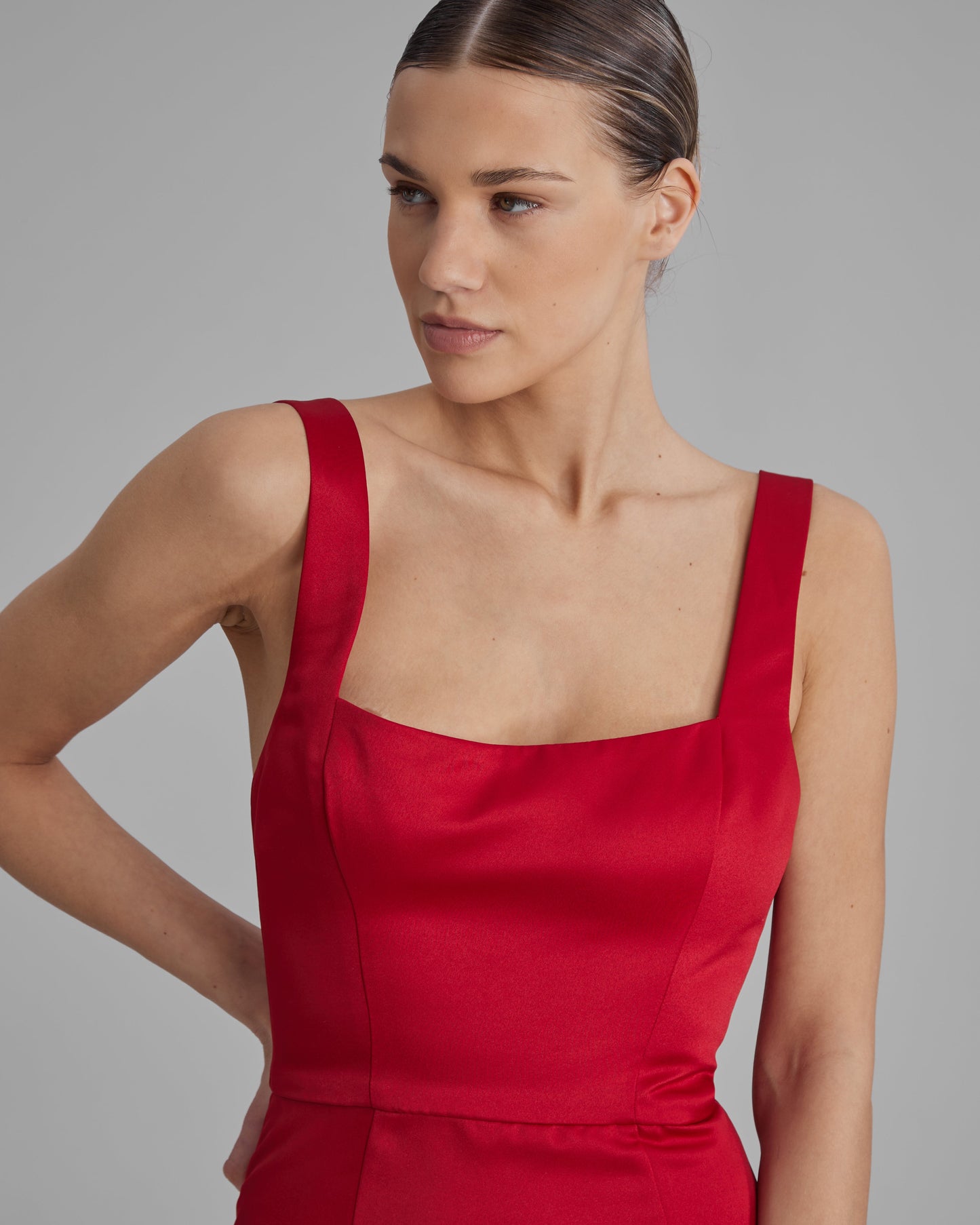 IDA DRESS | square neckline cone maxi in red