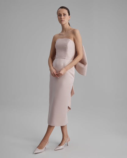 KIRA DRESS + BIG BOW | strapless pencil midi in apricot pink