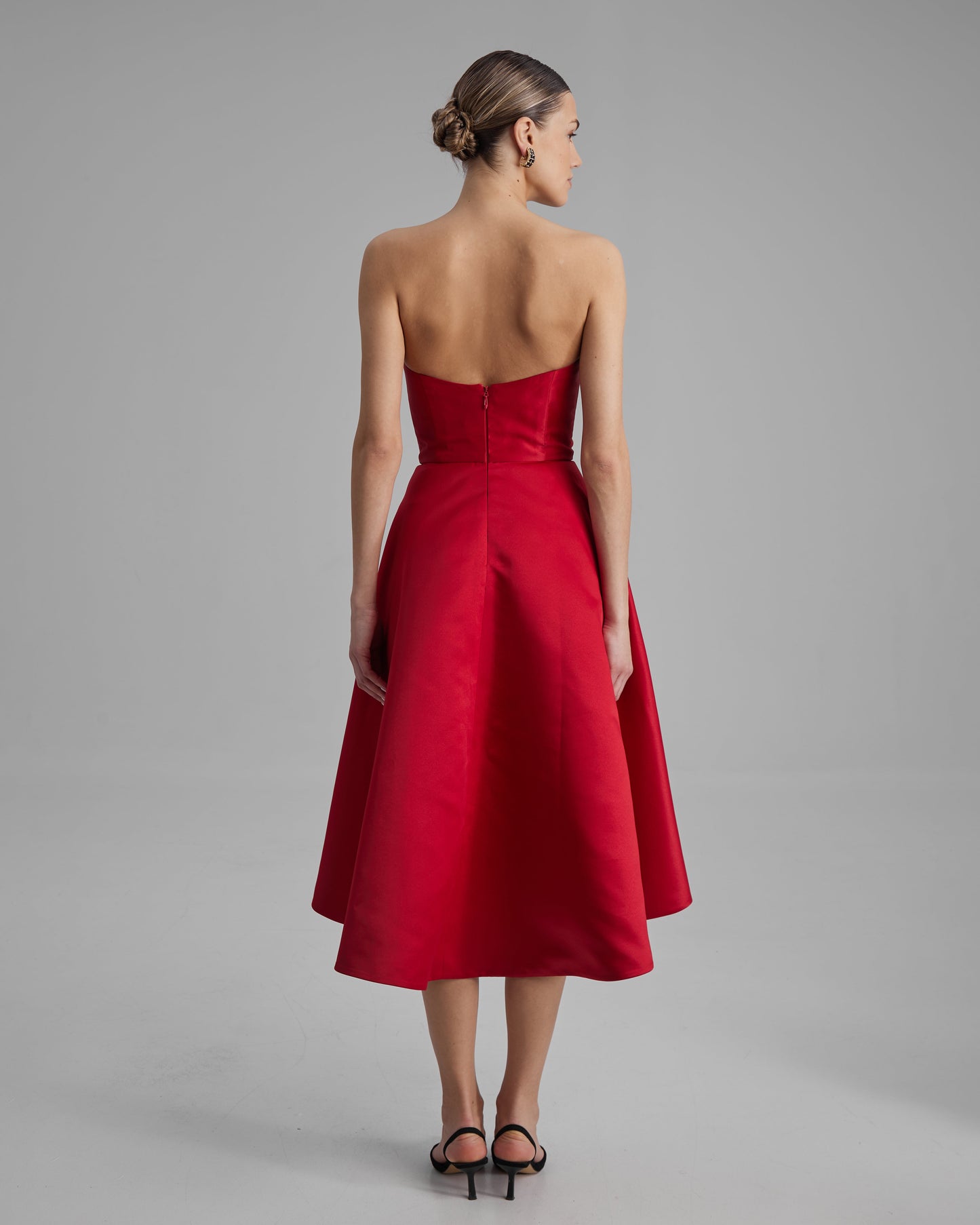 MIA DRESS | strapless A line midi in red