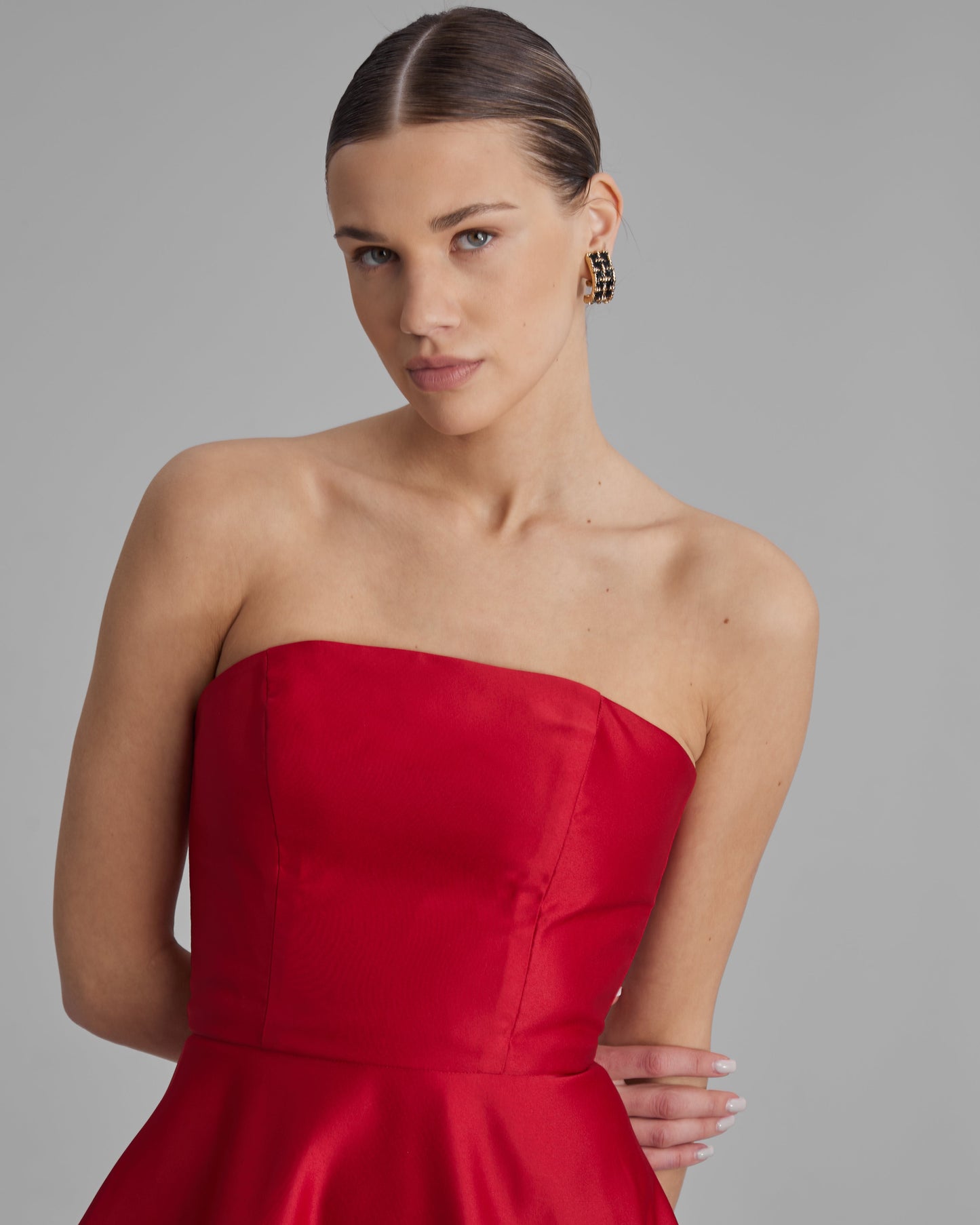 MIA DRESS | strapless A line midi in red