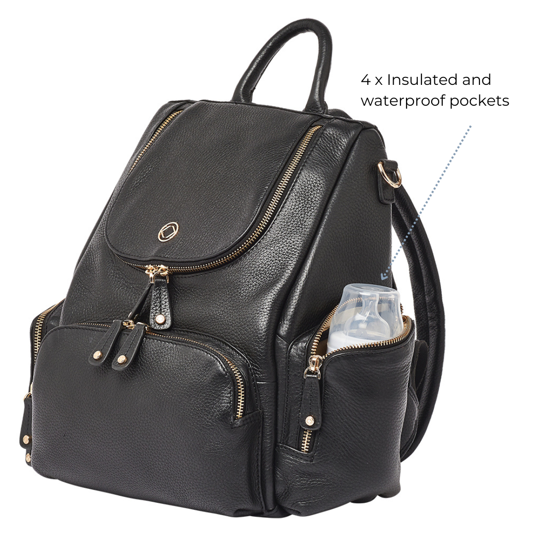 Amber-midi black leather backpack for  travel, parenting baby changing and work