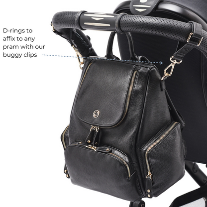 Amber-midi black leather backpack for  travel, parenting baby changing and work