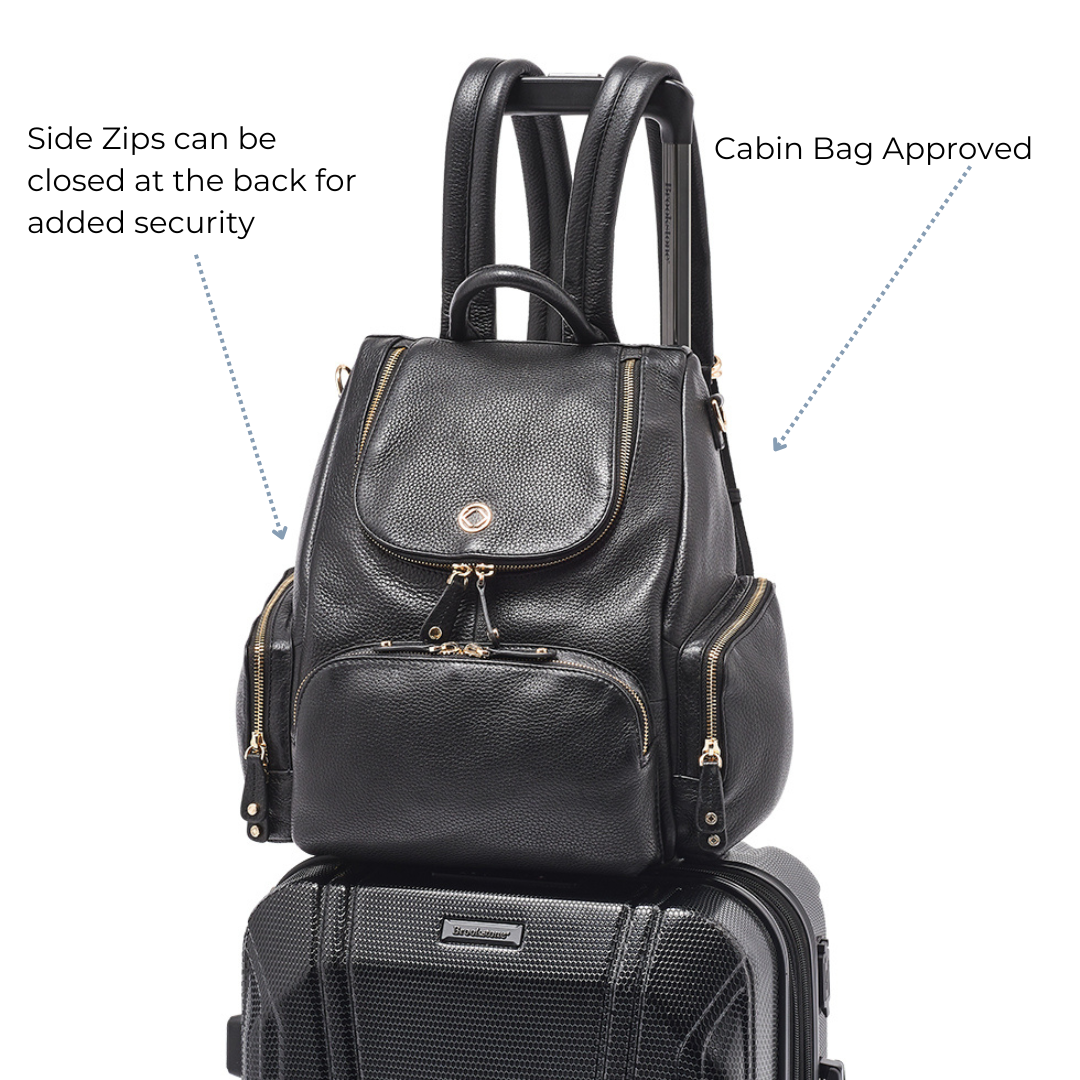 Amber-midi black leather backpack for  travel, parenting baby changing and work