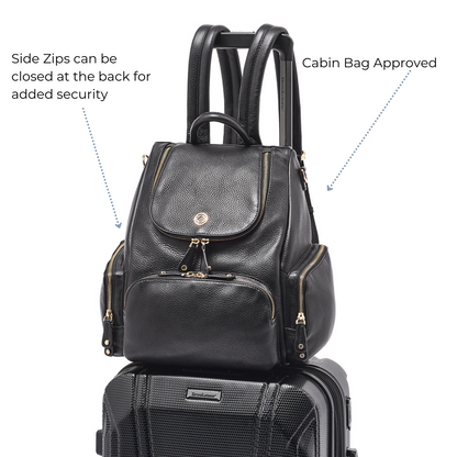 Amber-midi black leather backpack for  travel, parenting baby changing and work