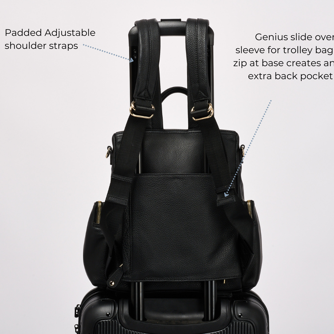 Amber-midi black leather backpack for  travel, parenting baby changing and work