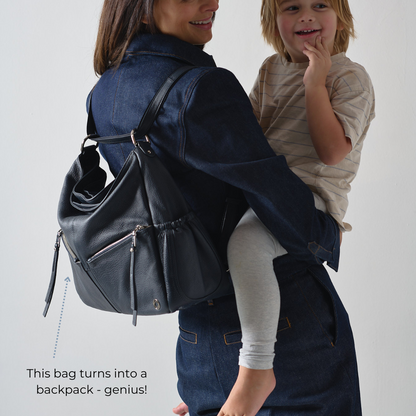 Lennox Navy Leather Handbag . Crossover Leather Bag That turns into a Leather Backpack 