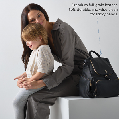 Amber-midi black leather backpack for  travel, parenting baby changing and work